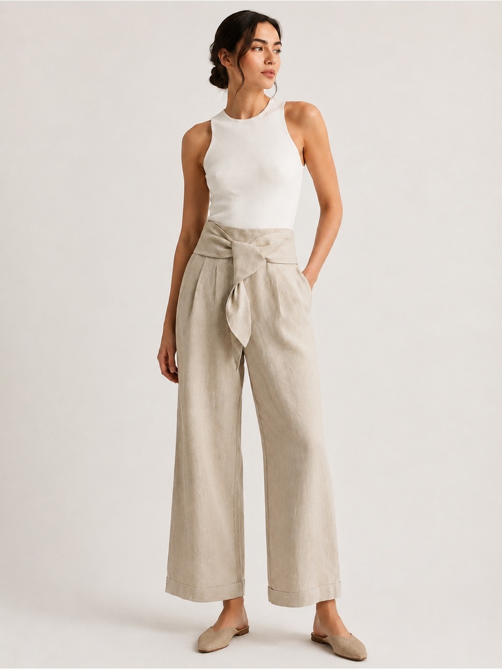 Audrey Leighton Paris 100% Linen Wrap Pants Oatmeal | Size S